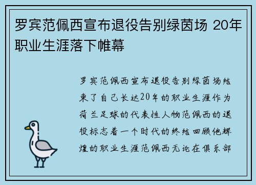 罗宾范佩西宣布退役告别绿茵场 20年职业生涯落下帷幕